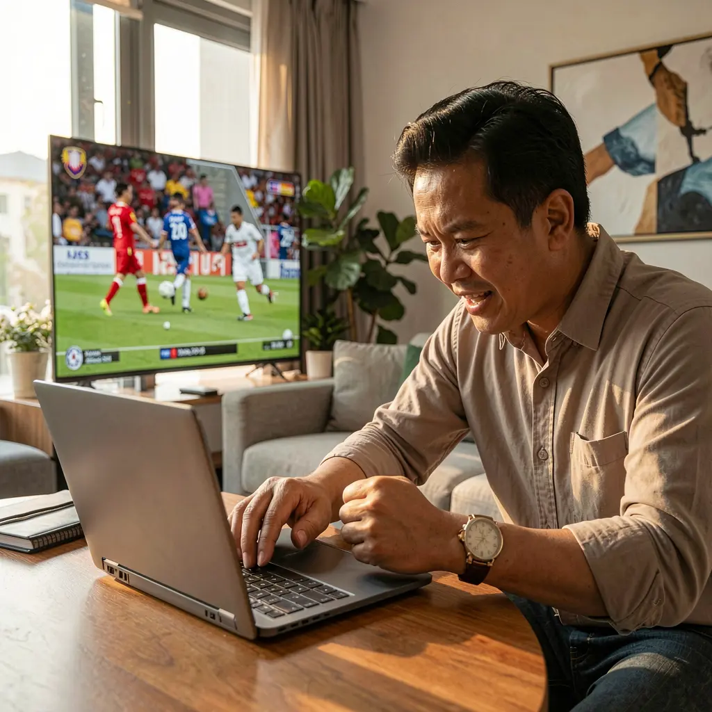 Excited Malaysian bettor celebrating a winning moment while placing live football bets on a laptop with FU888 at home