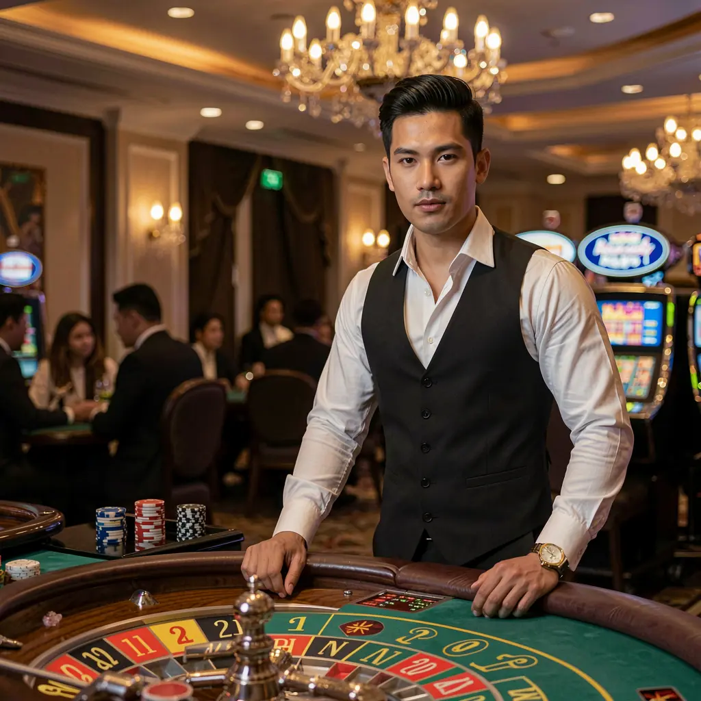 Stylish casino dealer at a modern roulette table with dynamic lighting representing the high energy live casino games available at FU888 in Malaysia