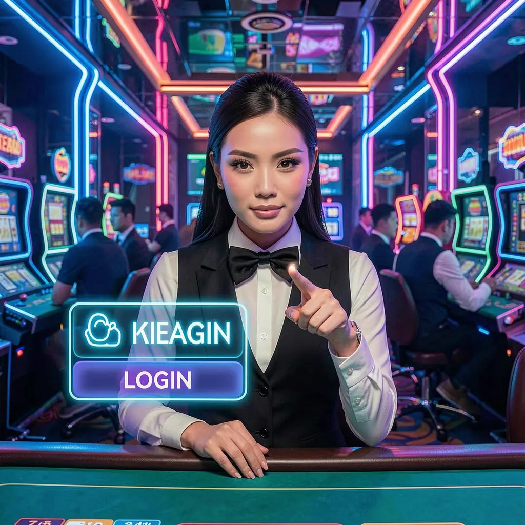 Stylish Malaysian casino dealer presenting a digital login interface with glowing lights symbolizing trusted access on FU888